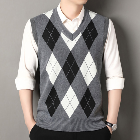 
New simple and practical retro geometric style knitted vest for men V-neck sleeveless sweater vest slim warm waistcoat