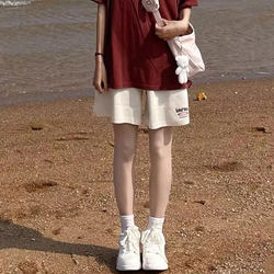 American-Style Casual Sports Shorts for Women, Summer Loose High-Waisted Thin Straight-Leg Wide-Leg Five-Point Pants, Slimming Mid-Length Pants