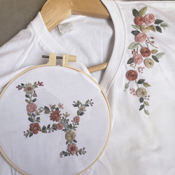 Letter and Floral Combination Embroidery T-Shirt, Handmade Self-Embroidery Couple's Outfit, Short-Sleeve Pure Cotton with Floral Collar Label Material Kit