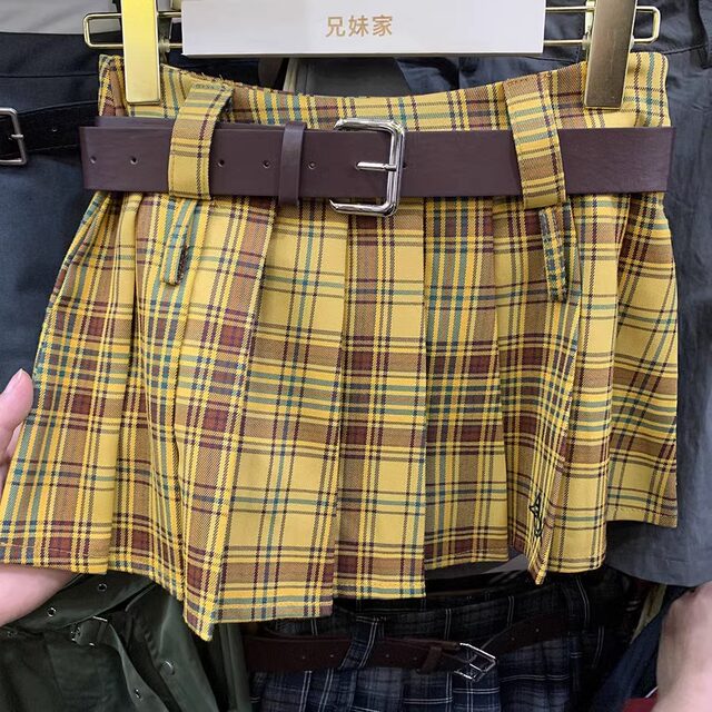 American retro advanced sense of niche lattice skirt female spring and autumn new high waist, thin pleated pleated pleated pleated skirt