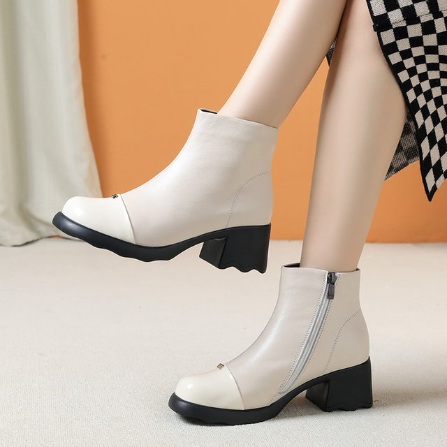 
Genuine leather short boots for women 2025 new fashion high-heeled Martin boots thick-soled heightening shoes large size leather boots plus velvet cotton boots