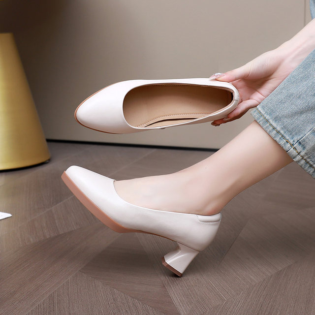 Genuine leather high heels spring and autumn new thick heel model performance leather shoes with skirt work shoes fashionable single shoes women 32