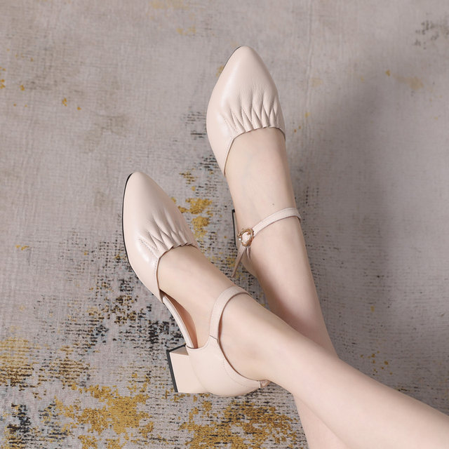 New small size sandals 31 32 33 summer thick heels genuine leather high heels women's shoes one-button soft sole mother's shoes