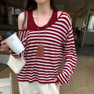 
Unique and beautiful striped early autumn long-sleeved blouse for women 2025 new style layered sleeveless vest top two-piece set