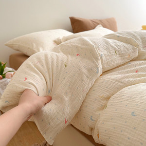 
Ins style retro Class A naked sleeping double layer wrinkled yarn cotton pure cotton quilt cover single piece student dormitory bedding four piece set