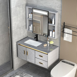 Space Aluminum Ceramic Integrated Basin Bathroom Cabinet with Rock Slab, Light Luxury Bathroom Vanity Sink, Washbasin Cabinet Set