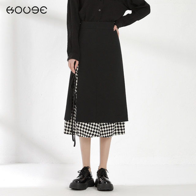 Spliced ​​plaid skirt for women in spring and autumn 2025 new high-waist strap mid-length chessboard plaid a-line skirt