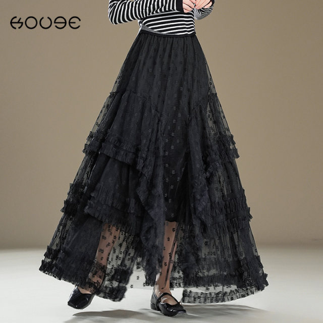 Black irregular lace mesh large umbrella skirt for women 2025 summer new princess fluffy cake pleated long skirt