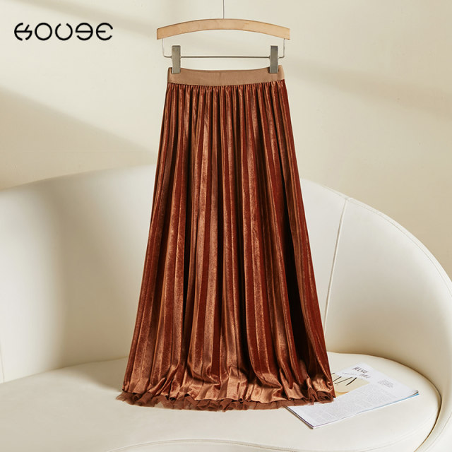 Two-sided gold velvet skirt for women with autumn and winter elastic waist splicing slim pleated skirt mid-length high-waisted umbrella skirt
