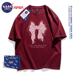 Nasa Collaboration Summer Heavyweight Pure Cotton Short-Sleeve T-Shirt for Men and Women, Trendy Brand, Versatile Print, Loose Fit, Niche Five-Quarter Sleeve