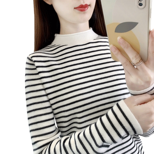 
Half turtleneck sweater base shirt autumn and winter new long-sleeved inner top short versatile mid-neck striped sweater for women