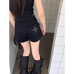 American Style Spicy Girl Black Embroidered Denim Shorts for Women, Summer Plus Size, Korean Style High-Waisted Slimming A-Line Hot Pants