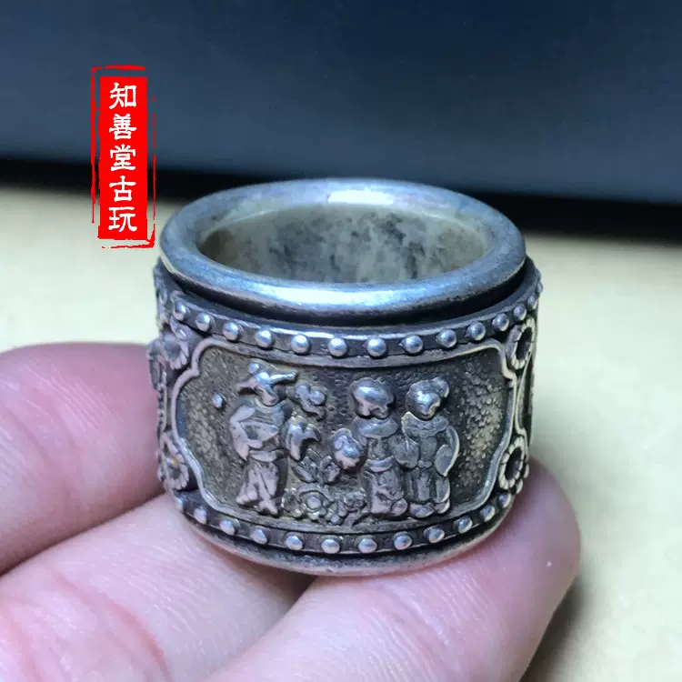 仿古做旧仿银苗银白铜扳指浮雕人物套环双层可转动戒指藏银-Taobao