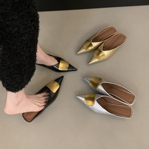 French Metal Square Buckle Baotou Half Slippers for Women 2026 New Summer Cat Heel Stiletto Heel Pointed Mule Sandals