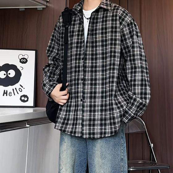 
Ni Zhe C5070 autumn new plaid shirt men's shirt jacket casual large size loose Hong Kong style top
