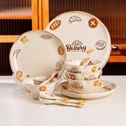 French-Style Cute Ceramic Bowls, Plates, and Cutlery Set for Home Use, Housewarming Gift, Birthday Gift, Underglaze Color Soup Bowl, Rice Bowl