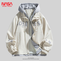 Nasadkgm Youth Fake Two-Piece Jacket for Men, Spring and Autumn, Loose, Trendy, Handsome, Student Fleece-Lined Hooded Jacket