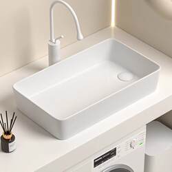 Ceramic Countertop Basin with Side Drainage for Balcony, Washing Machine Side Drain, Household Bathroom Washbasin, Single Basin for Small Apartments