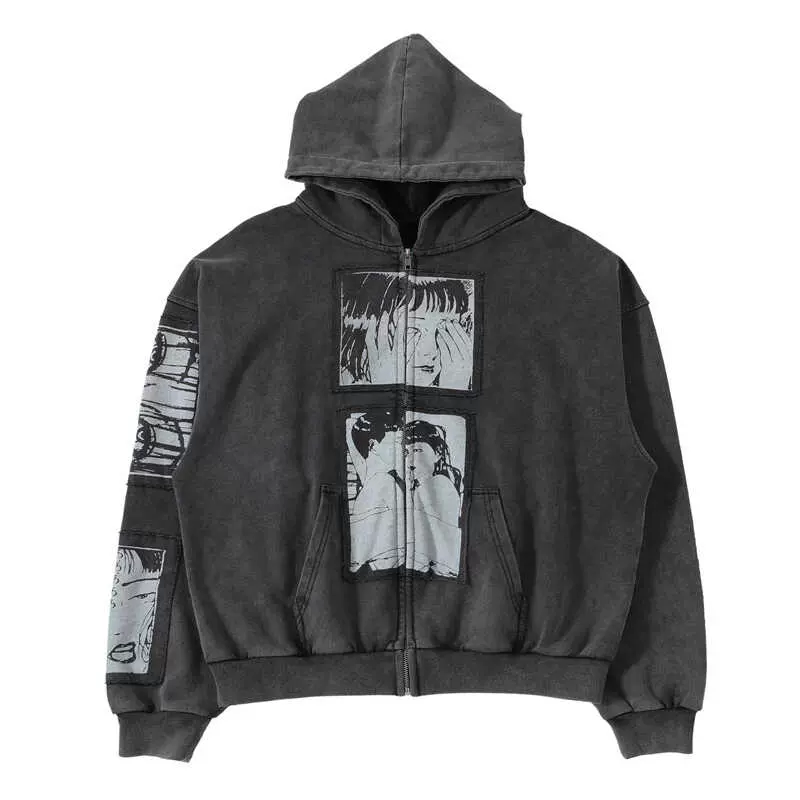 PSYCHO21 秋冬CHAOS朋克贴布连帽开衫水洗做旧复古卫衣ERD风格