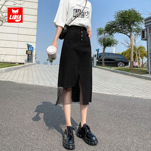 Black slit denim skirt for women in summer new high waist mid-length irregular hip A-line mesh skirt