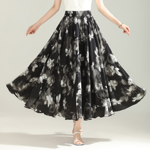 Printed chiffon large hem skirt long skirt for women 2025 summer new high-waist slimming A-line elastic waist skirt
