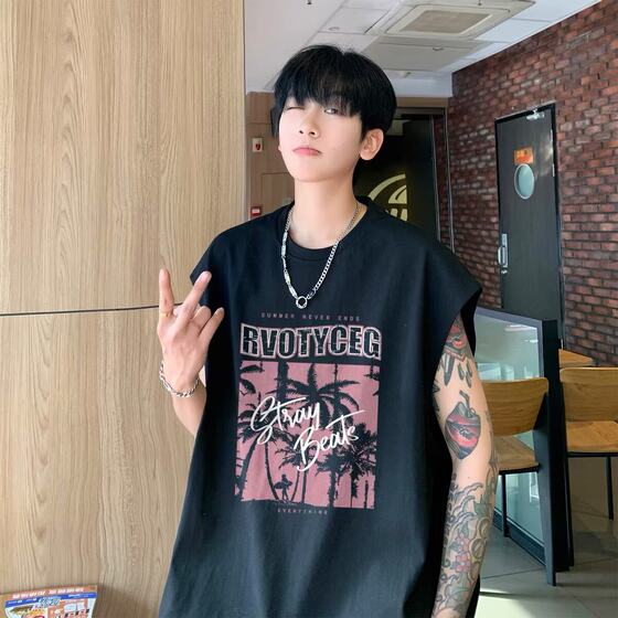 
American retro sleeveless T-shirt men's trendy brand coconut tree print summer handsome loose vest pure cotton vest undershirt trendy