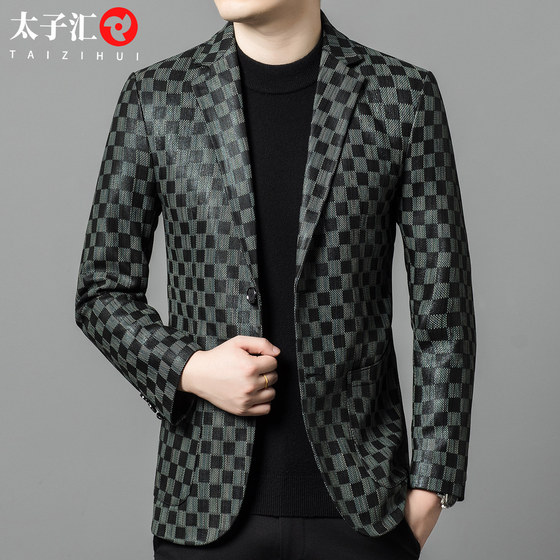 
Men's leather jacket spring and autumn new sheepskin plaid high-end casual leather suit slim fashion trend genuine leather jacket