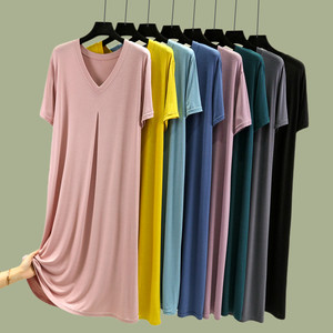 Modal V -neck dress Female summer large size loose thin short sleeve home night skirt A -line skirt long skirt