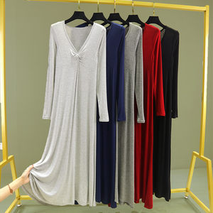 Modal long -sleeved V -neck dress female spring and summer thin nightdress solid color, thin bottom skirt wears high waist long skirt