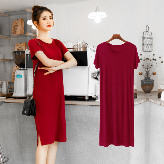 Modal round neck dress women's summer mid-length slit short-sleeved T ...