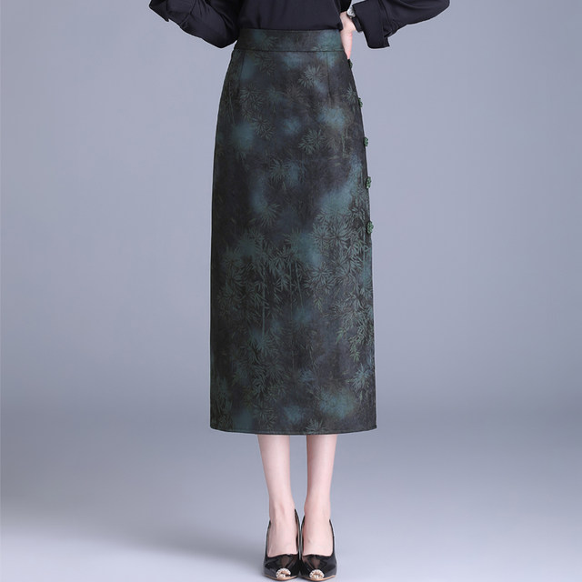Retro double slit buckle one-step skirt for women 2025 spring and autumn new slim printed skirt mid-length hip-cover skirt