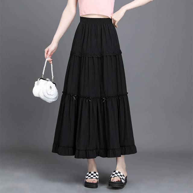 Korean sweet casual spliced ​​skirt for women in 2025 spring new midi skirt high waist slim and versatile A-line skirt