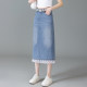 Lace spliced ​​denim skirt for women in summer 2025 new high-waisted slim hip skirt mid-length slit one-step skirt
