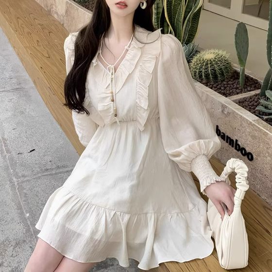
Sweet and gentle style V-neck apricot short skirt for women's spring and autumn large size high waist belly long-sleeved dress