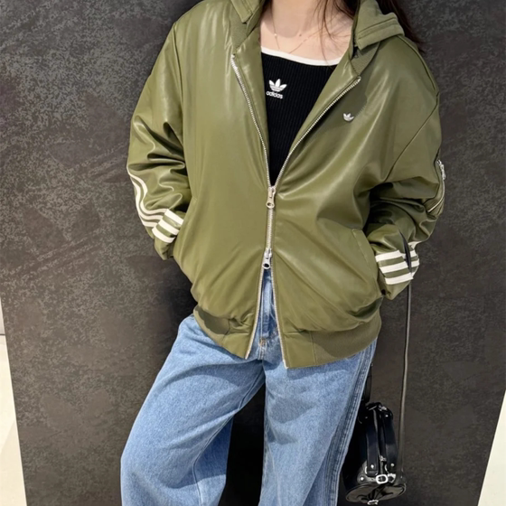 
Adidas clover men's and women's same style imitation leather hooded warm and versatile comfortable sports and leisure cotton clothing JL7557