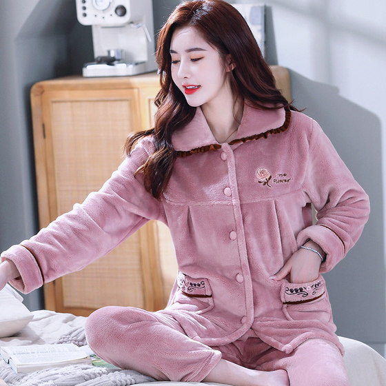 Autumn and winter long -sleeved warmth, thick flavor new ladies pajamas suite large size loose coral velvet home clothing