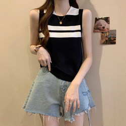 Plus-Size Korean-Style Polo Collar Striped Tank Top T-Shirt for Women, Summer Slimming Knit Versatile Base Shirt for Curvy Women