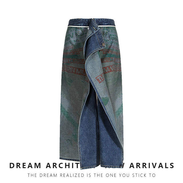 Wrapped double-sided wear art design printing washing and old denim zipper splicing straight long skirt trendy
