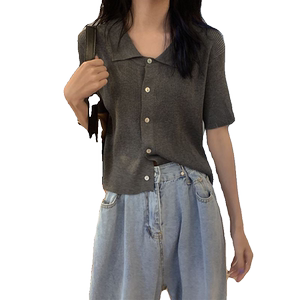 
Short-sleeved sweater women's cardigan women's 2026 new summer polo lapel thin T-shirt gray short top