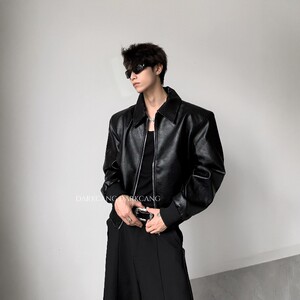 
Heicangshe/Light luxury crack design short shoulder pad leather jacket men's high-end cleanfit jacket trendy