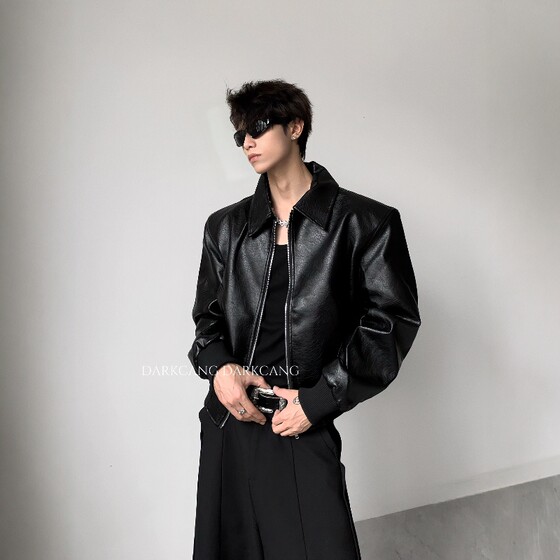 
Heicangshe/Light luxury crack design short shoulder pad leather jacket men's high-end cleanfit jacket trendy