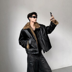 
Heicangshe/light luxury quilted cleanfit leather jacket and cotton jacket for men in winter with a sense of elegance and large fur collar and mountain carving jacket