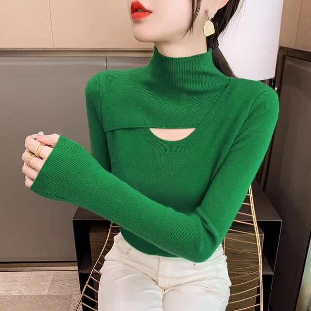 Half-high neck hollow base shirt for women in spring and autumn green sweater fashionable 2024 new slim fit knitted sweater
