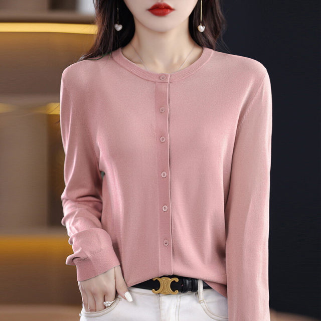 2024 spring and summer new style of Quzhu round neck solid color knitted cardigan for women's thin style loose knitted top