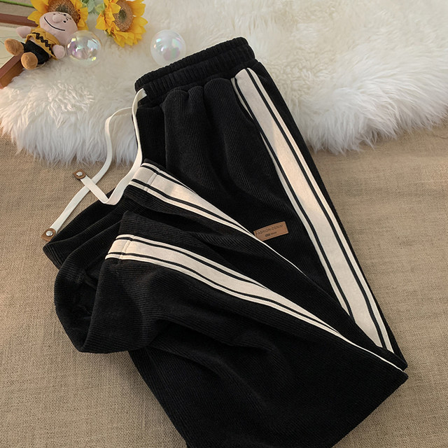 Corduroy pants men's trendy spring, autumn and winter sports trousers straight loose American casual plus velvet thickened sweatpants