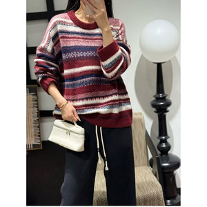 
100% cashmere sweater European station 2025 autumn new European fashion fashion retro contrast striped sweater for women