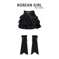 Y2K Hot Girl Black Cake Skirt Women's Spring and Autumn High-Waisted Heart Belt Denim Leg Warmers Puffy Short Skirt