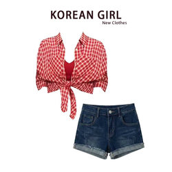 Dopamine Beach Outfit Set for Women, Spring and Summer Clothing, Hot Girl Red Plaid Shirt Jacket Top, Denim Shorts Trendy