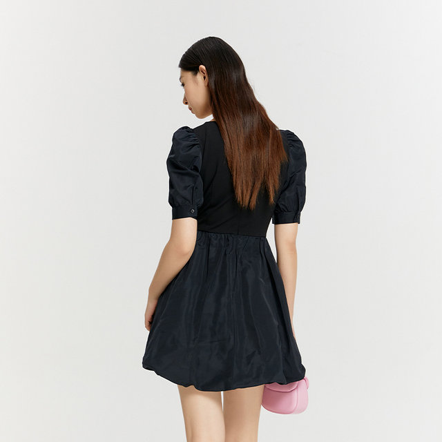 Summer new ink-and-wash square collar dress female new Chinese casual bubble short-sleeved fairy skirt retro waist A-line skirt