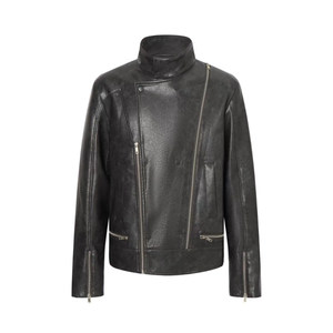 
ROKKIHU men's black stand-up collar diagonal zipper motorcycle leather jacket with cool design retro high street leather jacket